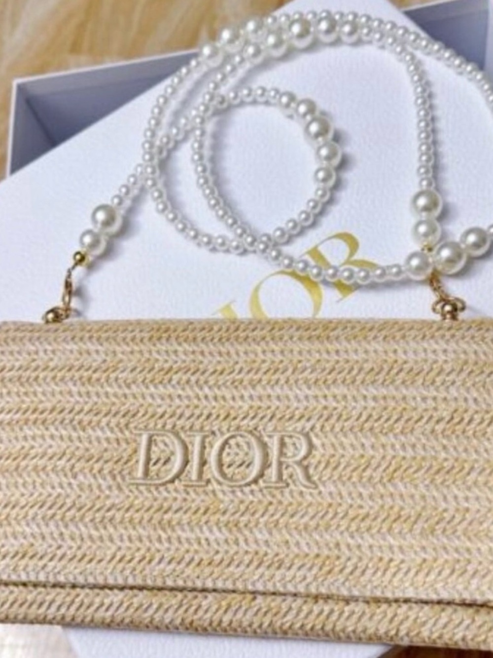 Dior Beige Raffia Cosmetic Pouch with Pearl Strap